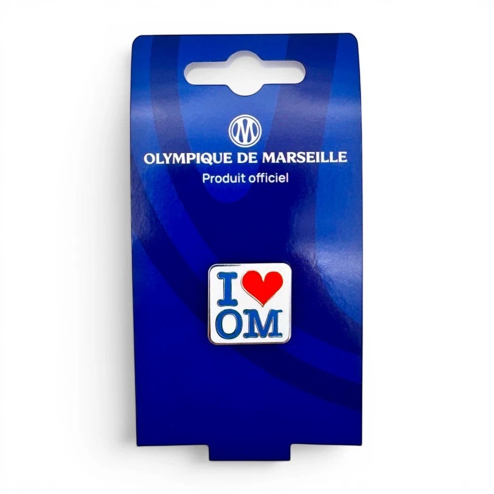 Olympique de Marseille Pin Badge I love OM aus Zamak auf offizieller blauer Pappkarte