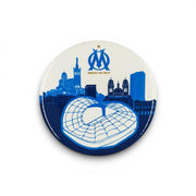 Olympique Marseille Ansteckbutton mit Stadion Velodrome und Skyline Motiv in Blau und Weiß