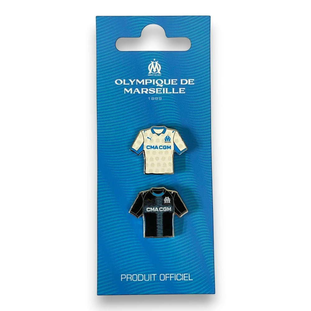 Olympique de Marseille Pin-Set mit Miniatur-Heim- und Auswärtstrikots der Saison 2025/26 aus Emaille