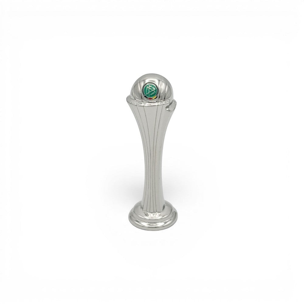 Close-up of the 70mm Women's DFB Pokal miniature trophy, highlighting the elegant silhouette and silver shine