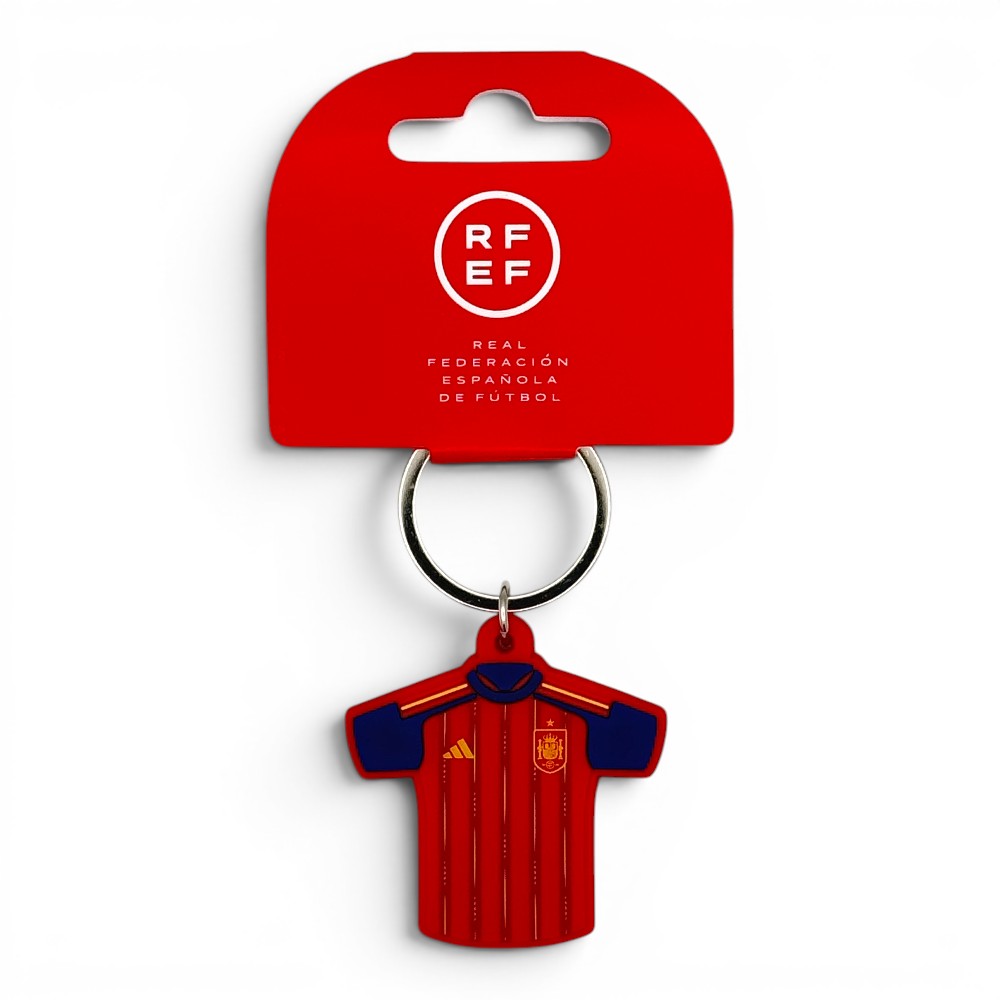 Schlüsselanhänger mit Spanien WM 2026 Trikot aus PVC in Rot und Blau mit RFEF Logo.