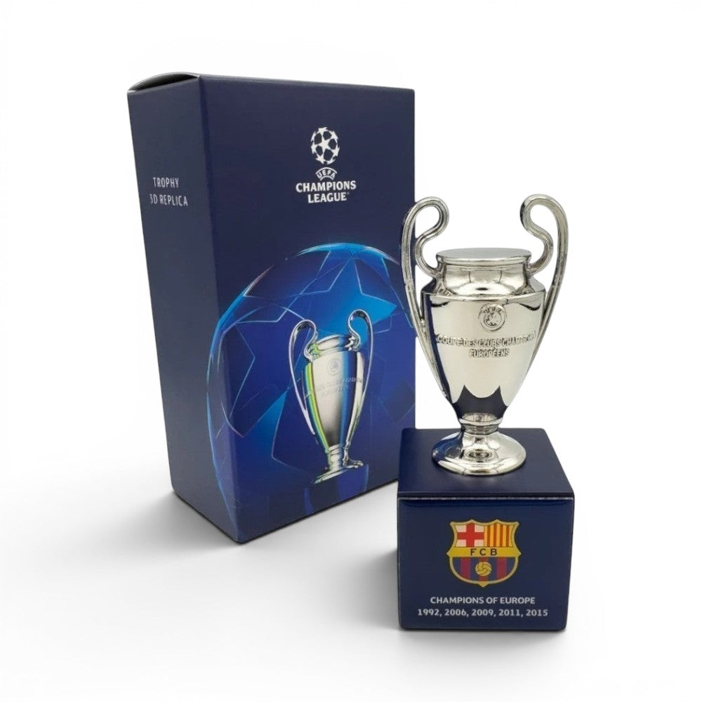 Official licensed UEFA Champions League Trophy Replica Made of Zamak on a Wooden Base with FC Barcelona Engraving, 70 mm
