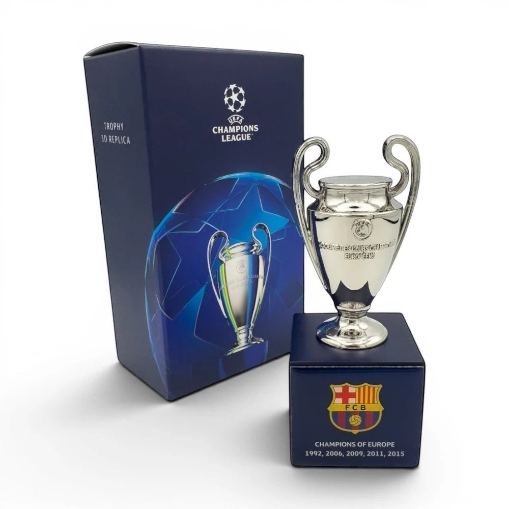 Official licensed UEFA Champions League Trophy Replica Made of Zamak on a Wooden Base with FC Barcelona Engraving, 70 mm