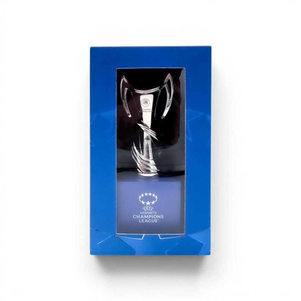 UEFA Women's Champions League Trophäen-Replika, 70 mm hoch auf Holzsockel in blauer Geschenkverpackung.