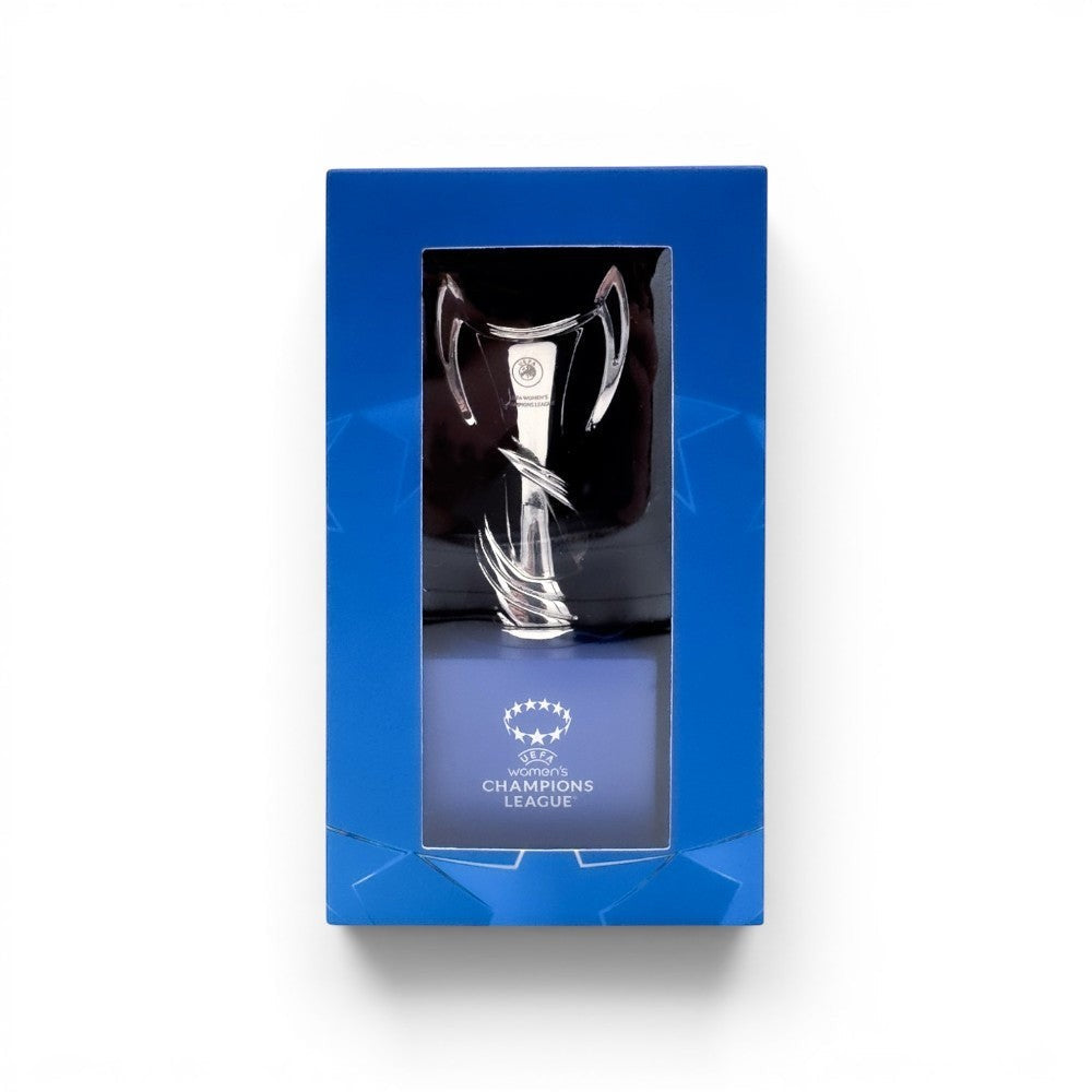UEFA Women's Champions League Trophäen-Replika, 70 mm hoch auf Holzsockel in blauer Geschenkverpackung.