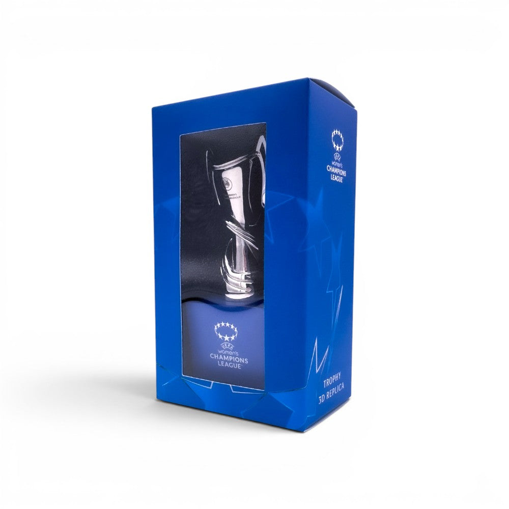 UEFA Women's Champions League Trophäen-Replika, 70 mm hoch auf Holzsockel in blauer Geschenkverpackung.